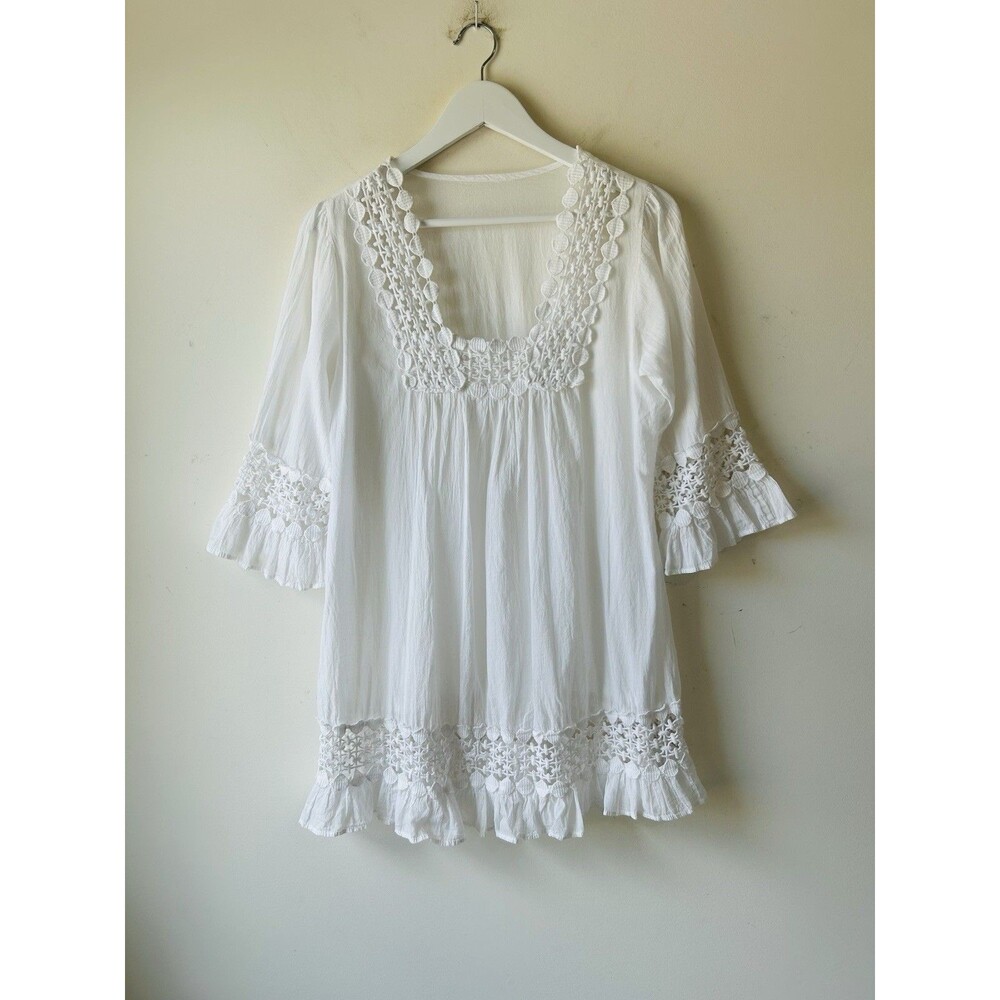 White Beach Cover Up Eyelet Lace Details Measurements in Photo